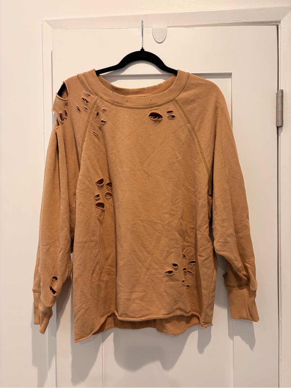 Aerie - Distressed Crewneck Sweatshirt - Camel/Light Brown